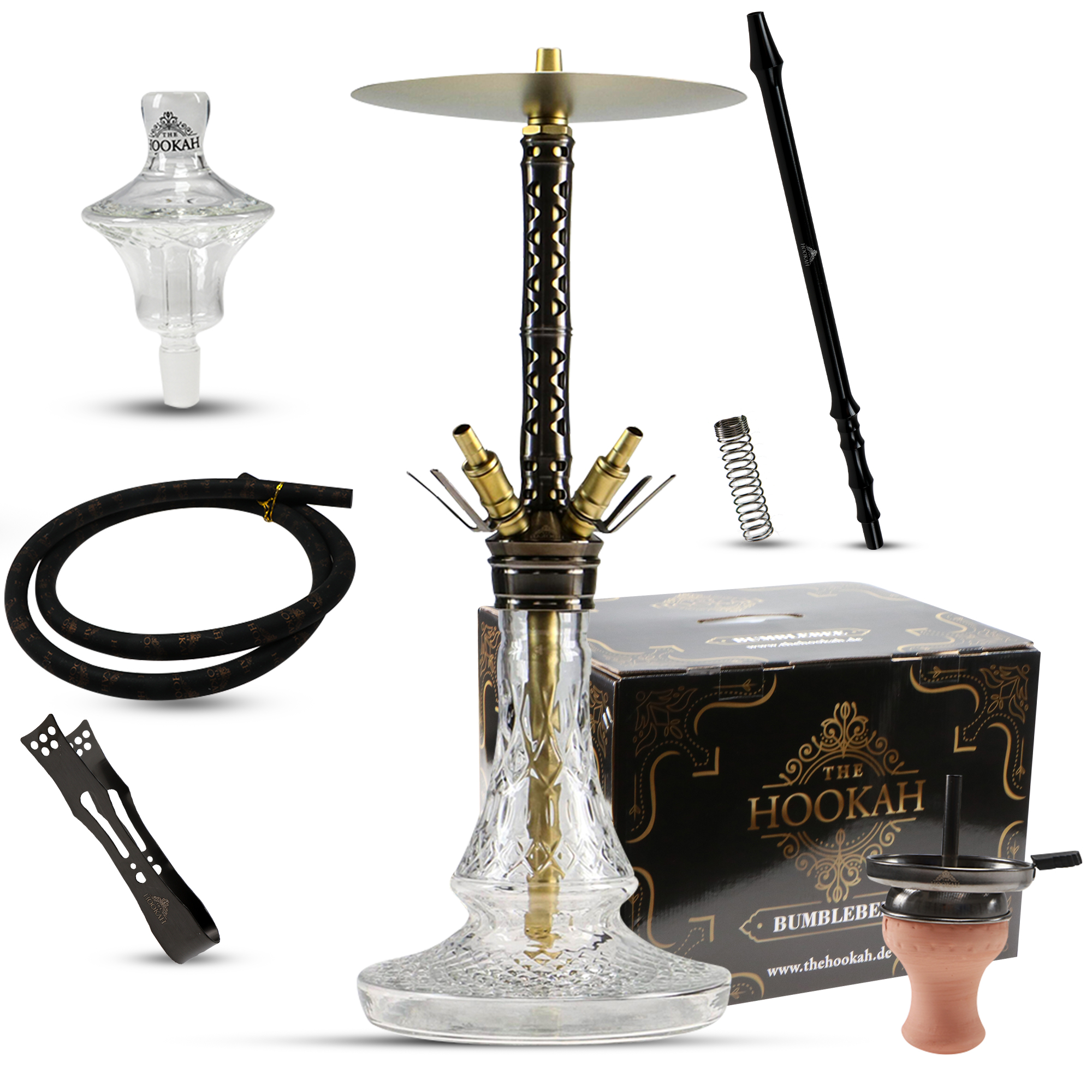 Eine schwarze und gelbe Shisha mit einer Glas-Schale und einem Schlauch, elegant präsentiert für ein lebendiges Raucherlebnis.